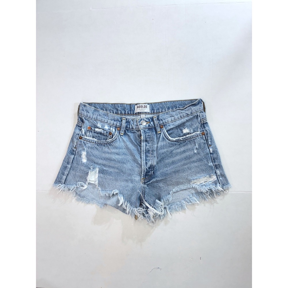 Agolde Denim Shorts Women 28 Blue Parker Distressed Raw Hem High Rise Light Wash